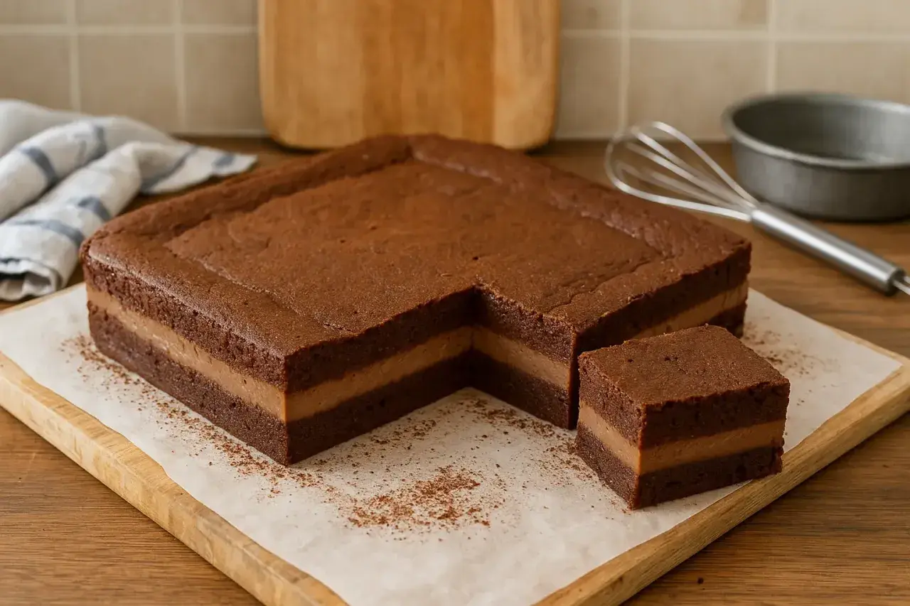 Un gâteau magique au chocolat, avec une garniture crémeuse, coupé en carré. Un délice visuel et gustatif.