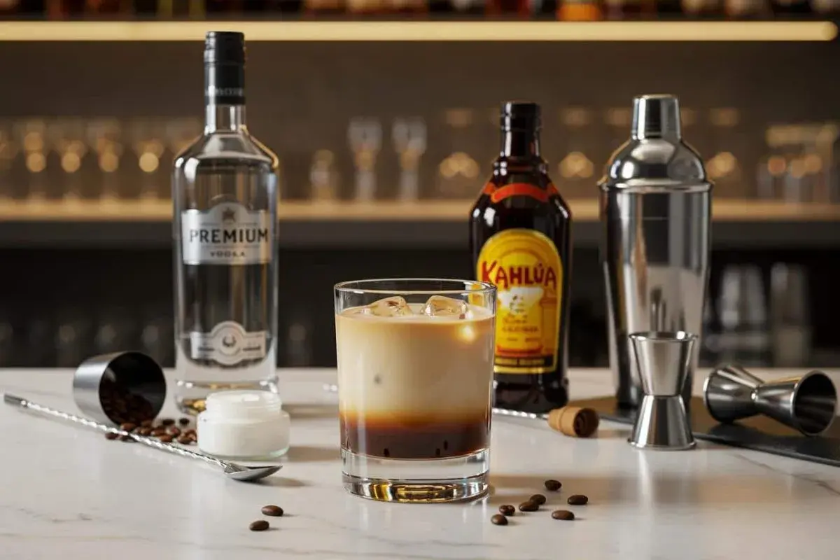 Un cocktail onctueux à base de liqueur de café Kahlúa, de vodka et de crème, prêt à être dégusté.