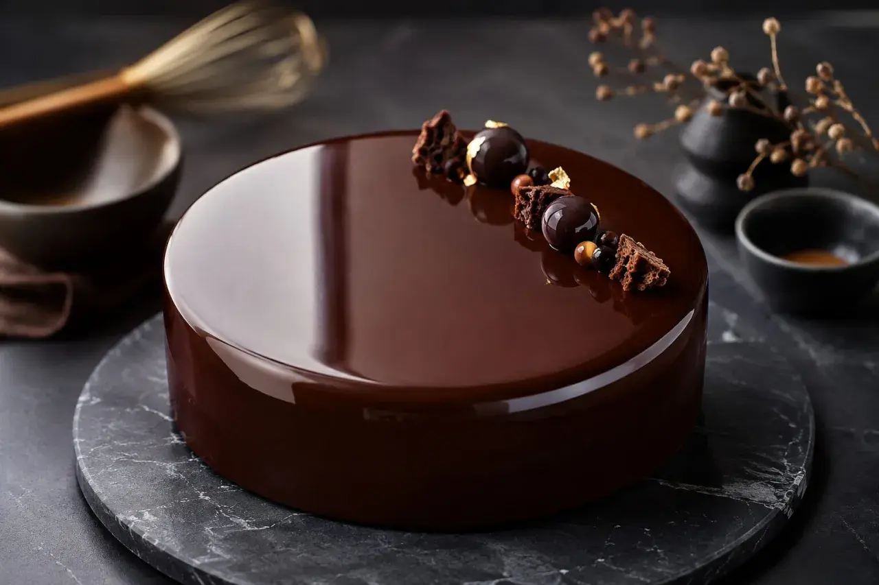 Gâteau au chocolat avec un glaçage miroir parfait, décoré de sphères chocolatées et de morceaux croustillants.