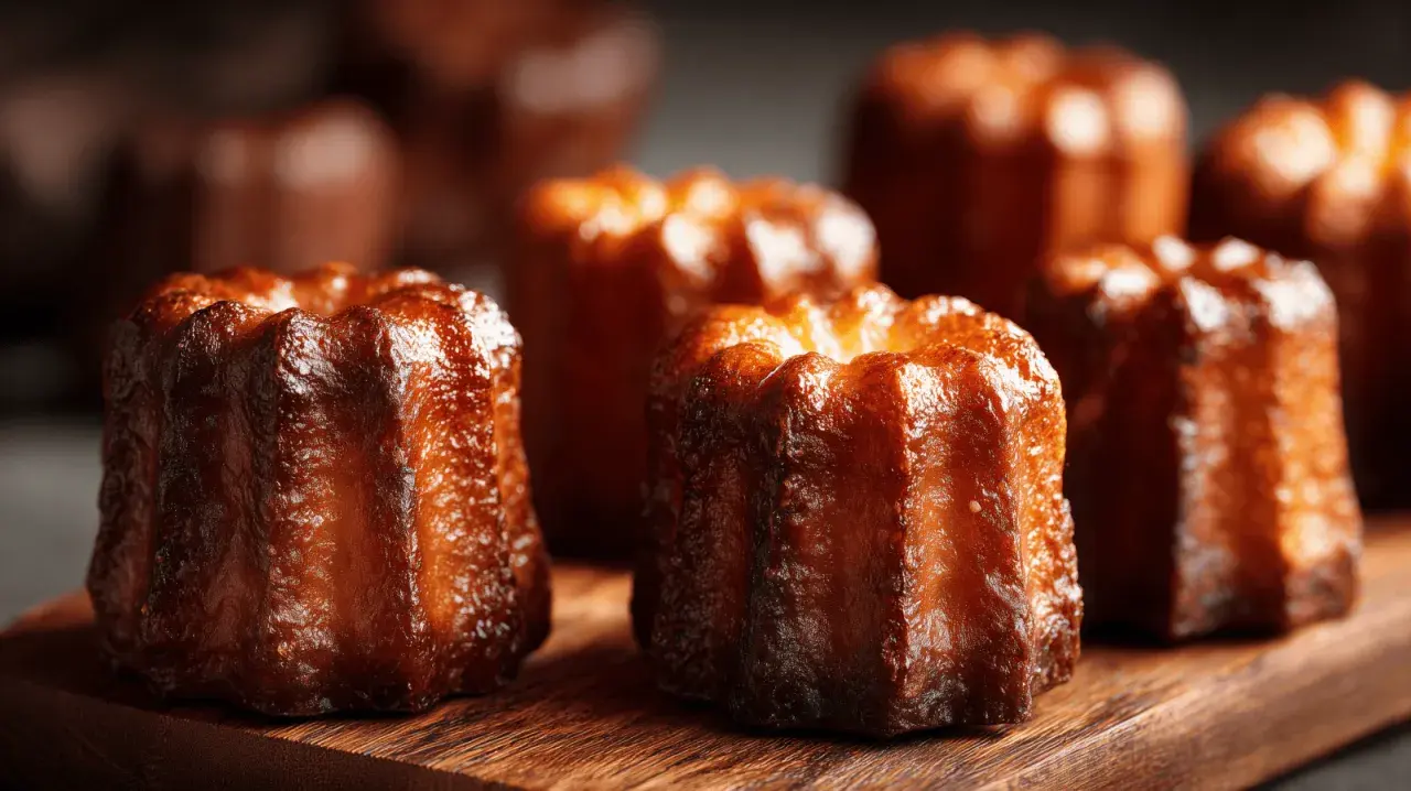 Plusieurs cannelés dorés et caramélisés sur une planche en bois.