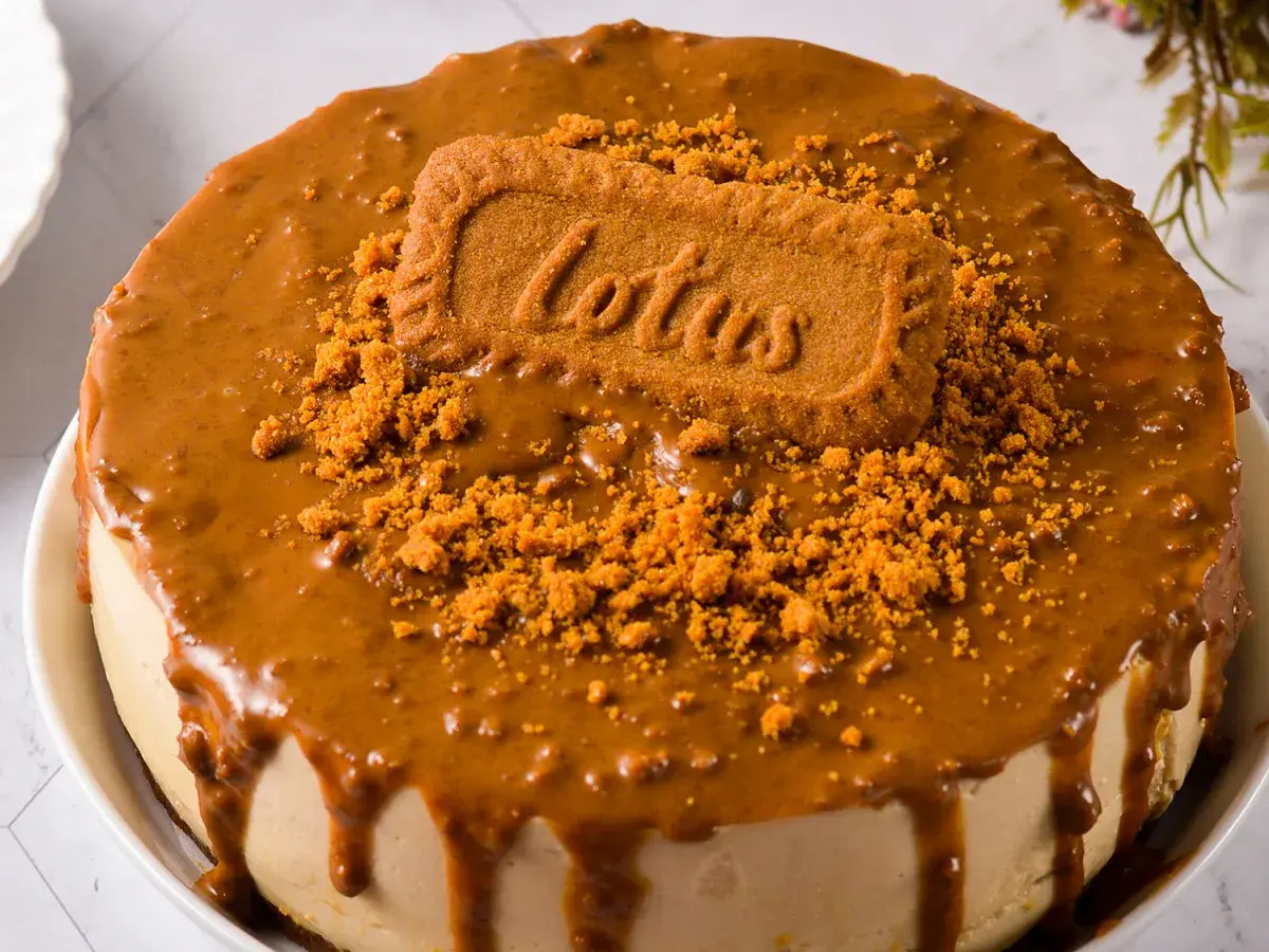 Gâteau spéculoos sans cuisson, nappé d'une sauce caramel et décoré d'un biscuit Lotus et de miettes de spéculoos.