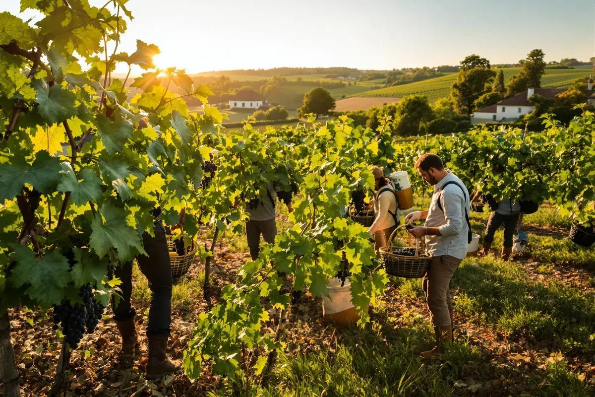 Travailleurs récoltant des grappes de raisin dans un vignoble ensoleillé. Les vendanges en Bourgogne battent leur plein, promesse d'un grand cru.