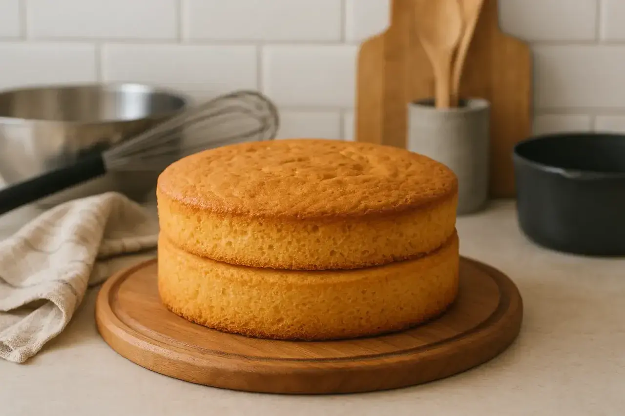 Deux disques de génoise dorée, prêts pour une recette de layer cake. Ustensiles de pâtisserie en arrière-plan.