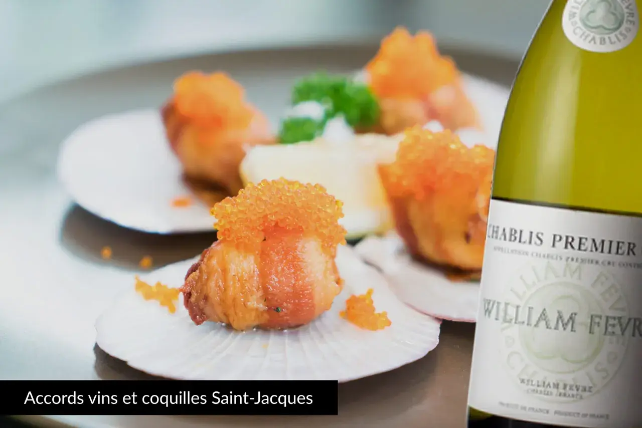 Coquilles Saint-Jacques garnies de caviar orange, accompagnées d'une bouteille de Chablis. Quel vin avec coquille saint jacques ? Un accord parfait.