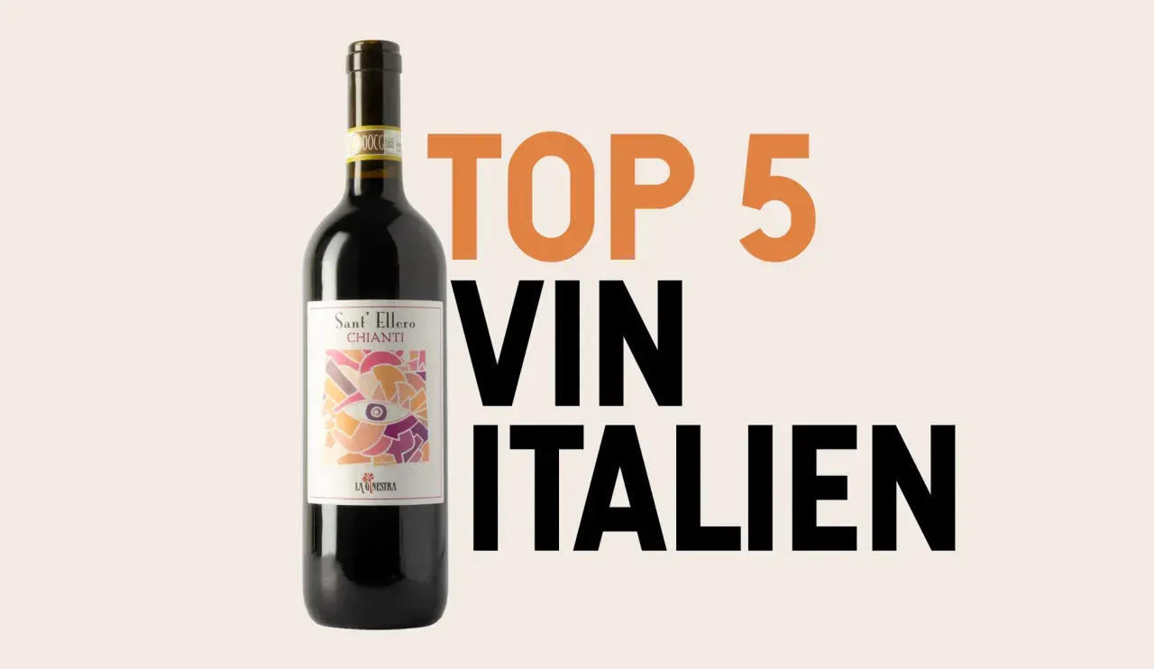 Bouteille de vin rouge italien avec l'étiquette "Sant'Ellero Chianti". Texte "TOP 5 VIN ITALIEN" suggérant une signification IGT.