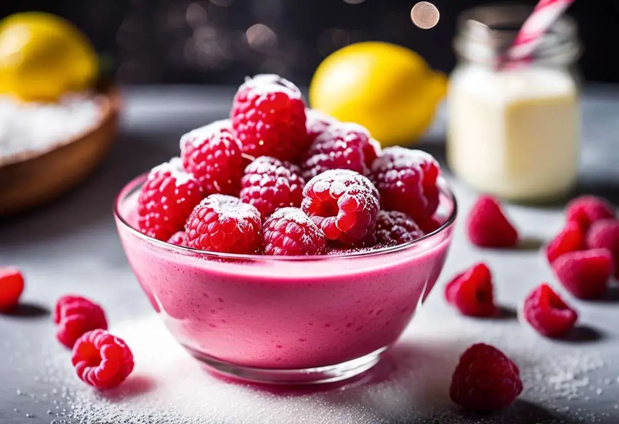 Un délicieux curd framboise, saupoudré de sucre glace, avec des framboises fraîches et un citron en arrière-plan.