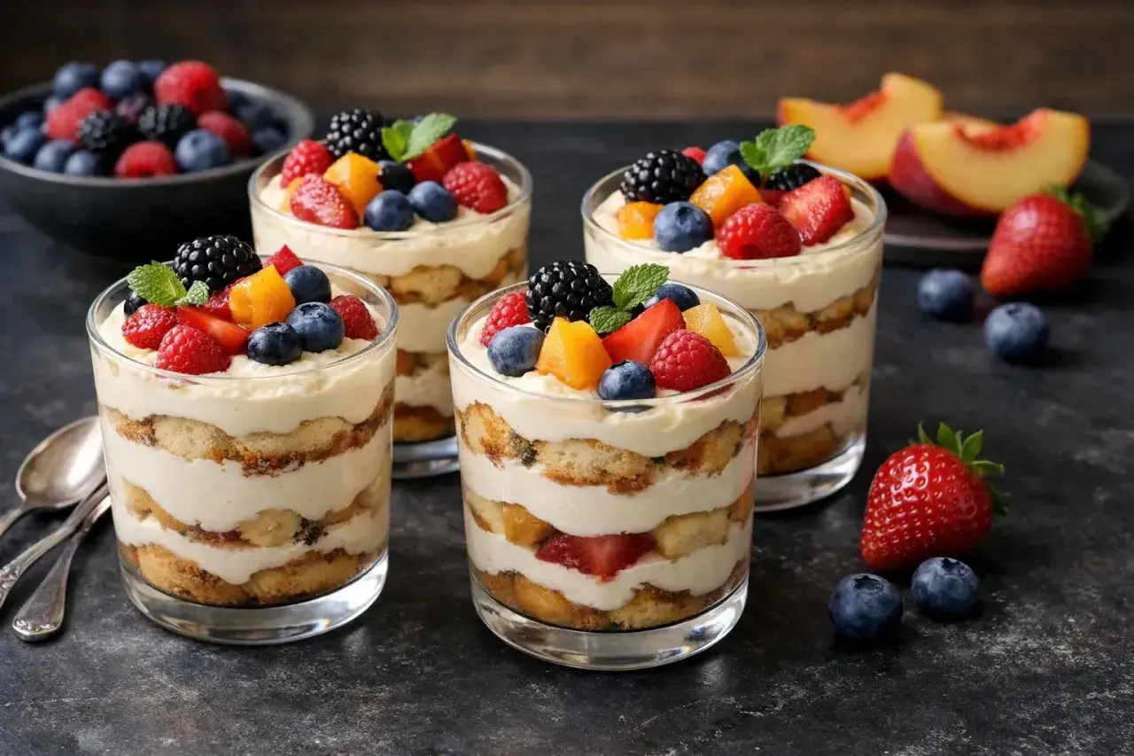 Quatre verrines de tiramisu aux fruits rouges et pêches, un délicieux dessert de saison.