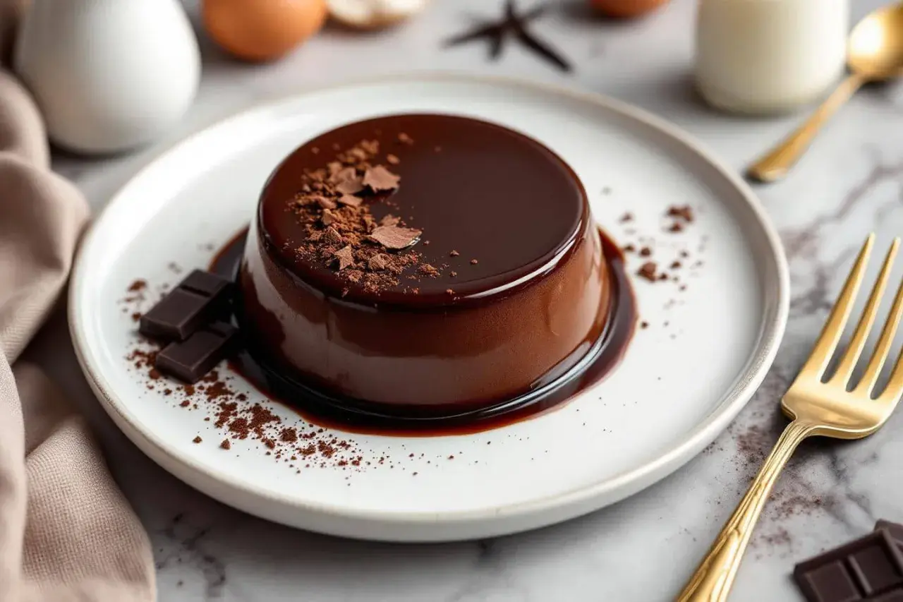 Un délicieux flan au chocolat, nappé de sauce et parsemé de copeaux de chocolat, prêt à être dégusté.