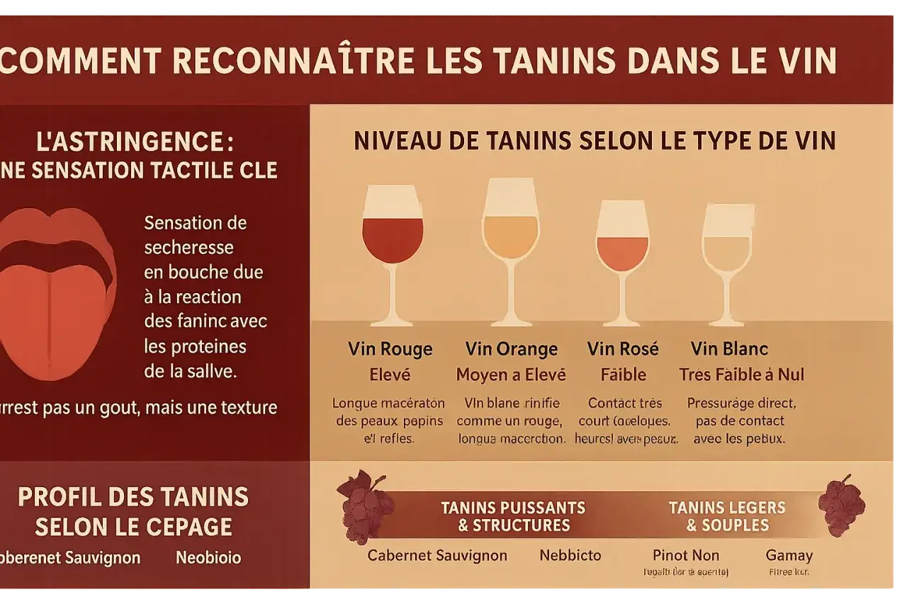 Infographie expliquant comment reconnaître les tanins dans le vin, leur niveau selon le type de vin et leur profil selon le cépage. Le tanin est une sensation tactile clé.