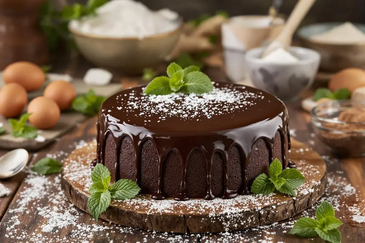 Un délicieux gâteau au chocolat, nappé de glaçage brillant et décoré de menthe fraîche. Des ingrédients de pâtisserie sont disposés autour.