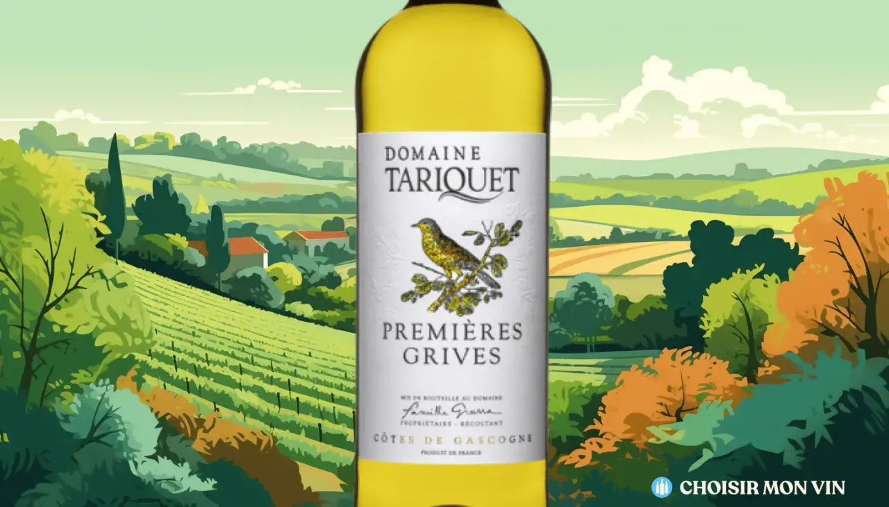 Bouteille de vin blanc "Domaine Tariquet Premières Grives" sur fond de paysage champêtre. Un vin qui pourrait bien être le meilleur vin du monde.