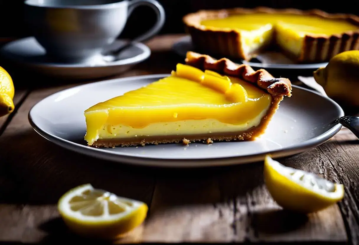 Une part de tarte citron, crémeuse et brillante, sur une assiette blanche. Des citrons frais et une tasse de café complètent ce tableau gourmand.