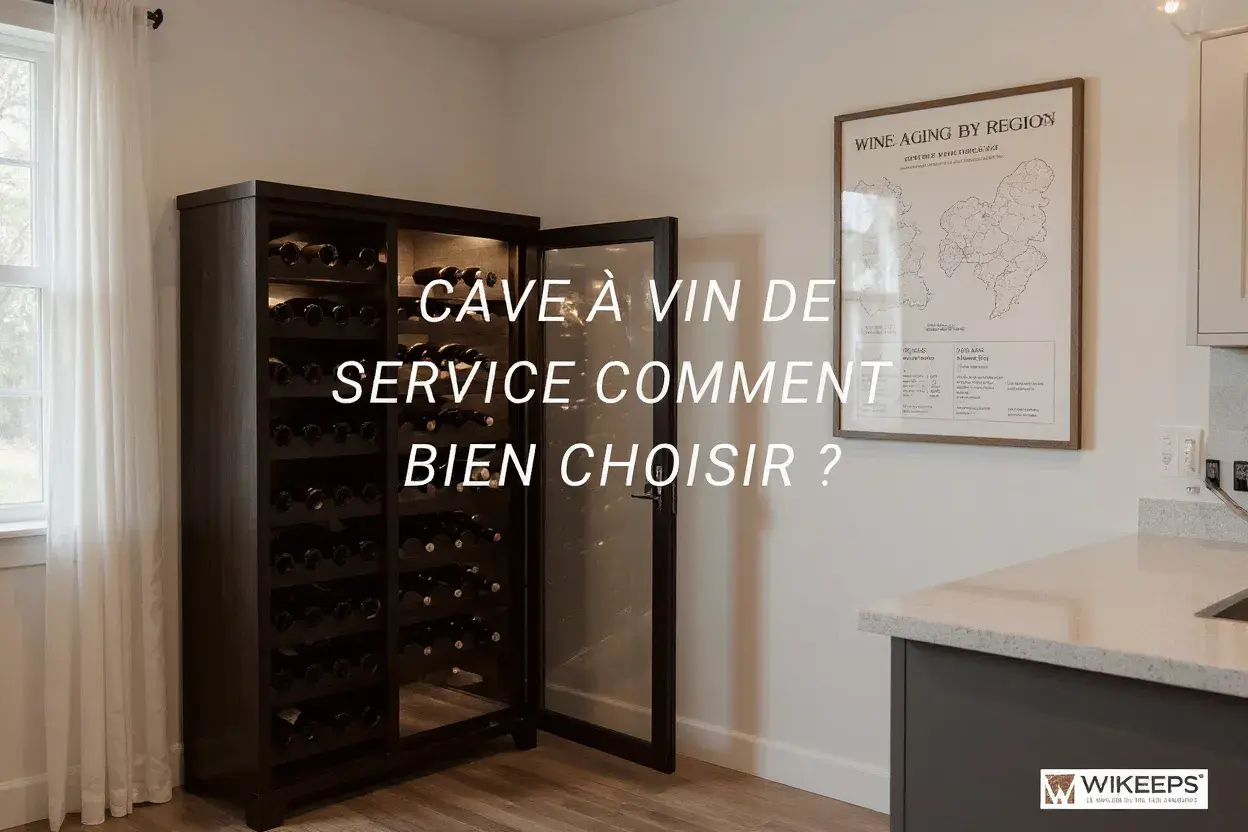 Une cave à vin moderne remplie de bouteilles, idéale pour le vin de garde. Une carte des régions de vieillissement du vin est accrochée au mur.