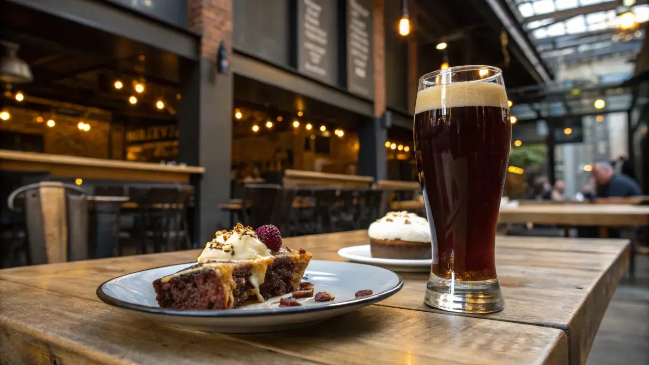 Un délicieux gâteau au chocolat avec une framboise et une bière ambrée, parfait pour un digestif alcool.
