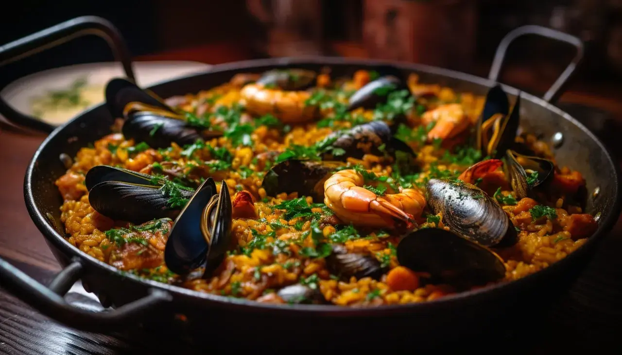 Paella aux fruits de mer, un plat savoureux. Quel vin avec une paella ? Un blanc sec ou un rosé léger serait parfait.