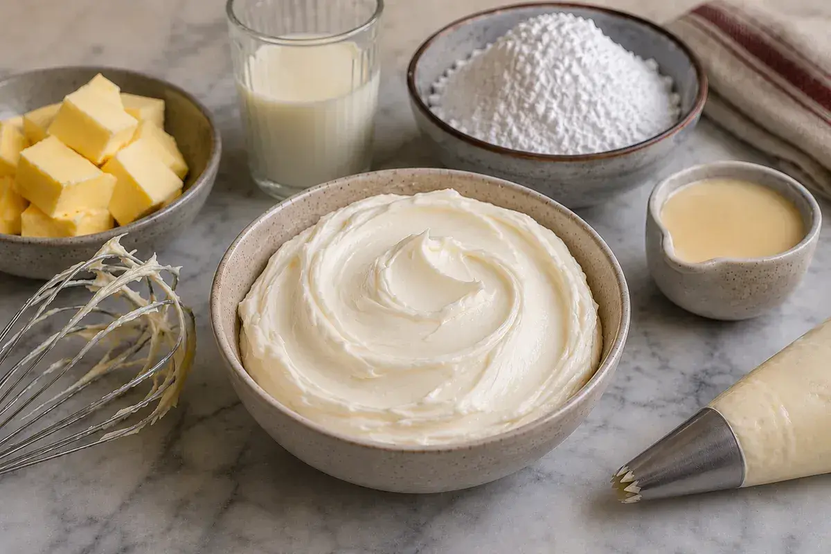 Préparation d'une délicieuse crème au beurre. Des ingrédients comme du beurre coupé en dés, du sucre glace, du lait et une poche à douille sont disposés sur un plan de travail.