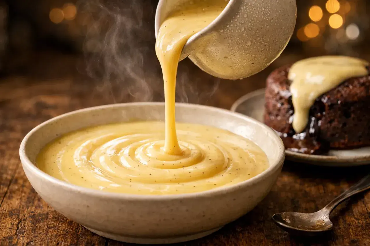 Un filet de crème anglaise traditionnelle, onctueuse et fumante, est versé dans un bol. Un gâteau au chocolat dégouline de cette sauce réconfortante.