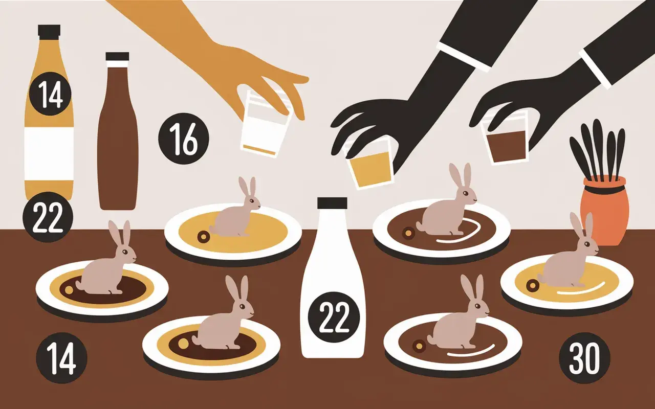 Des lapins sur des assiettes, des bouteilles et des mains versent des liquides. Quel vin avec du lapin ? Les chiffres suggèrent des choix.