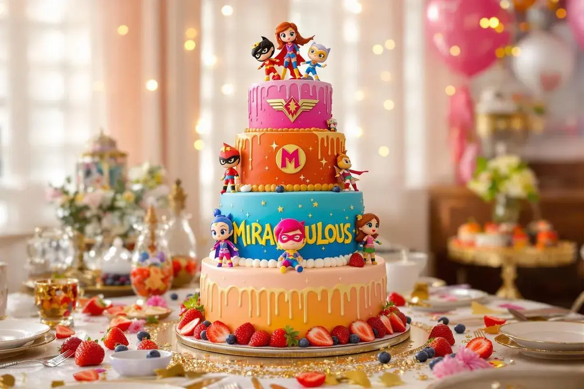 Un spectaculaire layer cake aux couleurs vives, orné de figurines de super-héros et du mot "MIRACULOUS". Un délice pour les yeux et les papilles !