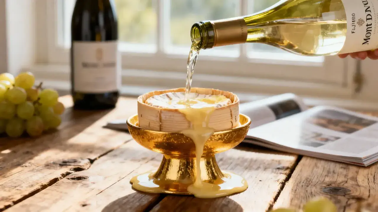 Un vin blanc pour fondue coule d'une bouteille sur un fromage fondant dans un plat doré. Des raisins verts sont à proximité.