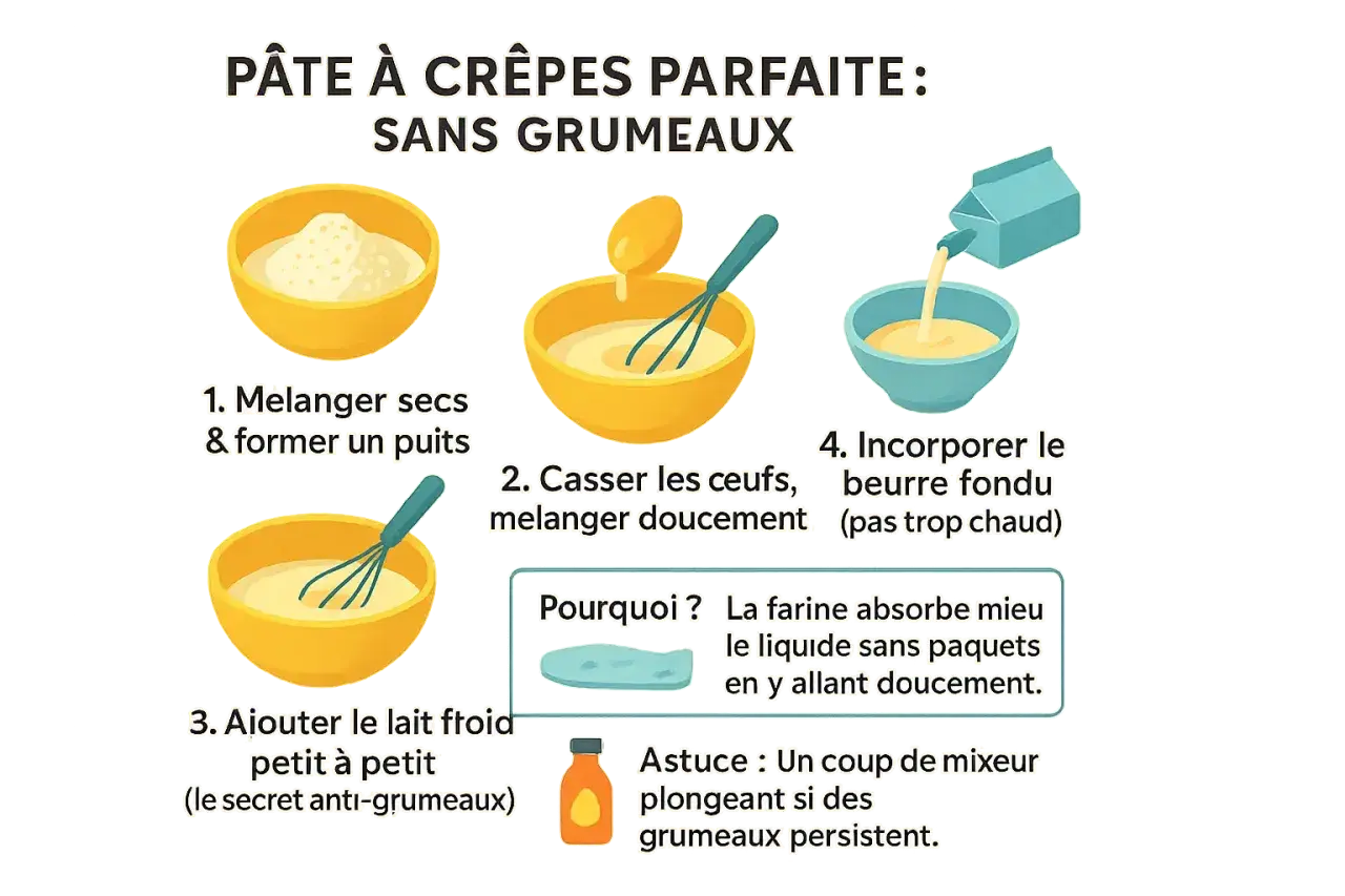 Préparation d'une pâte à crêpes parfaite sans grumeaux. Étapes : mélanger les ingrédients secs, ajouter les œufs, puis le lait froid petit à petit. Le secret anti-grumeaux !