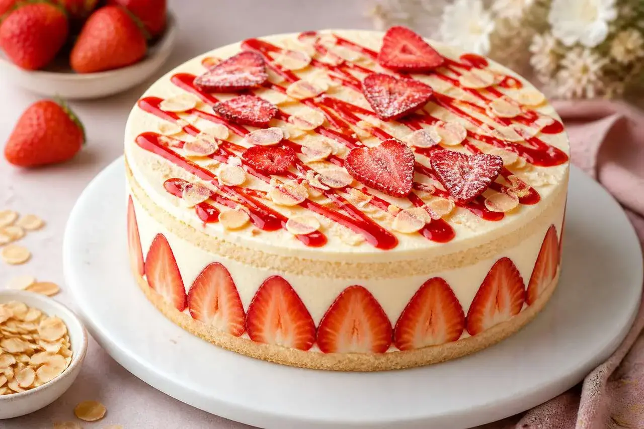 Un gâteau fraisier orné de fraises fraîches, de coulis rouge et d'amandes effilées. Une belle inspiration pour vos recettes fraisier.