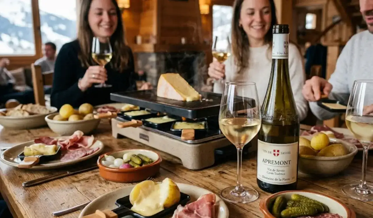 Ambiance chaleureuse autour d'une raclette fumante, accompagnée de pommes de terre, charcuterie et d'un verre de vin blanc, peut-être un Pouilly-Fumé pour sublimer ce moment gourmand.