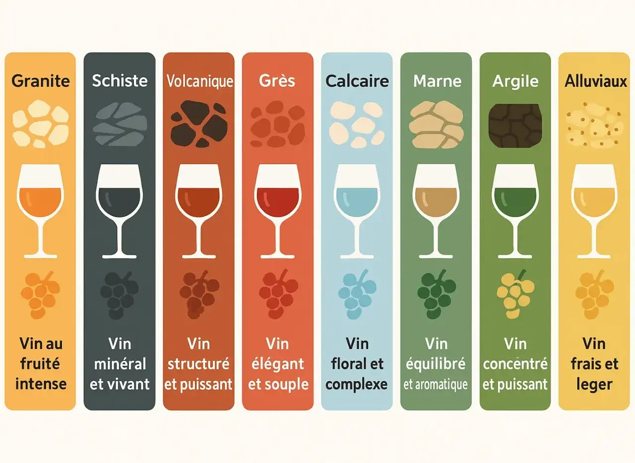 Illustration montrant l'influence des sols (granite, schiste, volcanique, grès, calcaire, marne, argile, alluviaux) sur le profil des vins. Chaque sol est associé à un type de vin, révélant la richesse du vin de terroir.