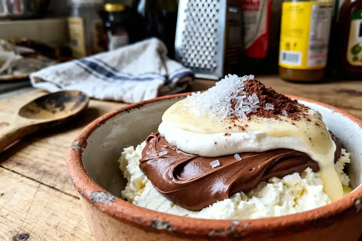 Un délice crémeux : chantilly, mascarpone, chocolat, le tout saupoudré de cacao et de gros sel. Un contraste de textures et de saveurs.