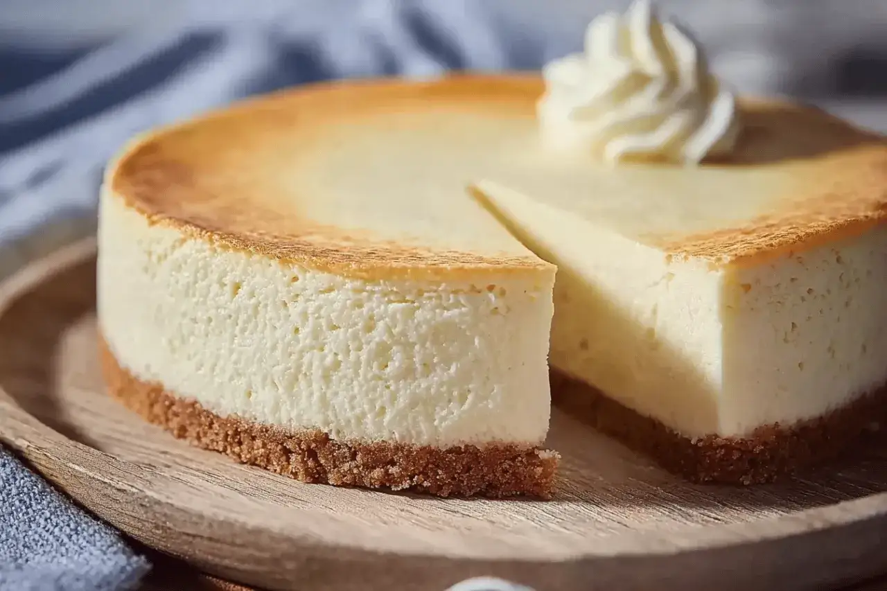 Un d&eacute;licieux cheesecake &agrave; la vanille, avec une part coup&eacute;e et une touche de cr&egrave;me fouett&eacute;e.