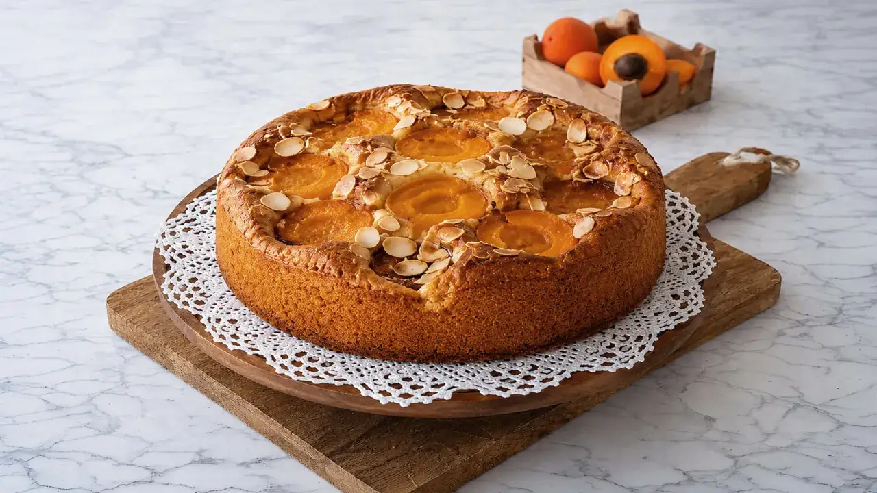 Gâteau express aux abricots et amandes effilées, prêt à être dégusté.
