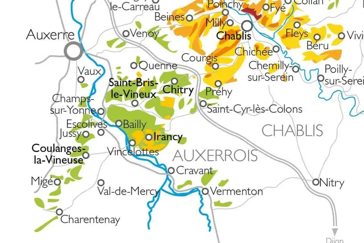 Carte des vignobles de Chablis et Auxerrois. Découvrez le chablis vin blanc sec ou moelleux, ses villages et ses crus.