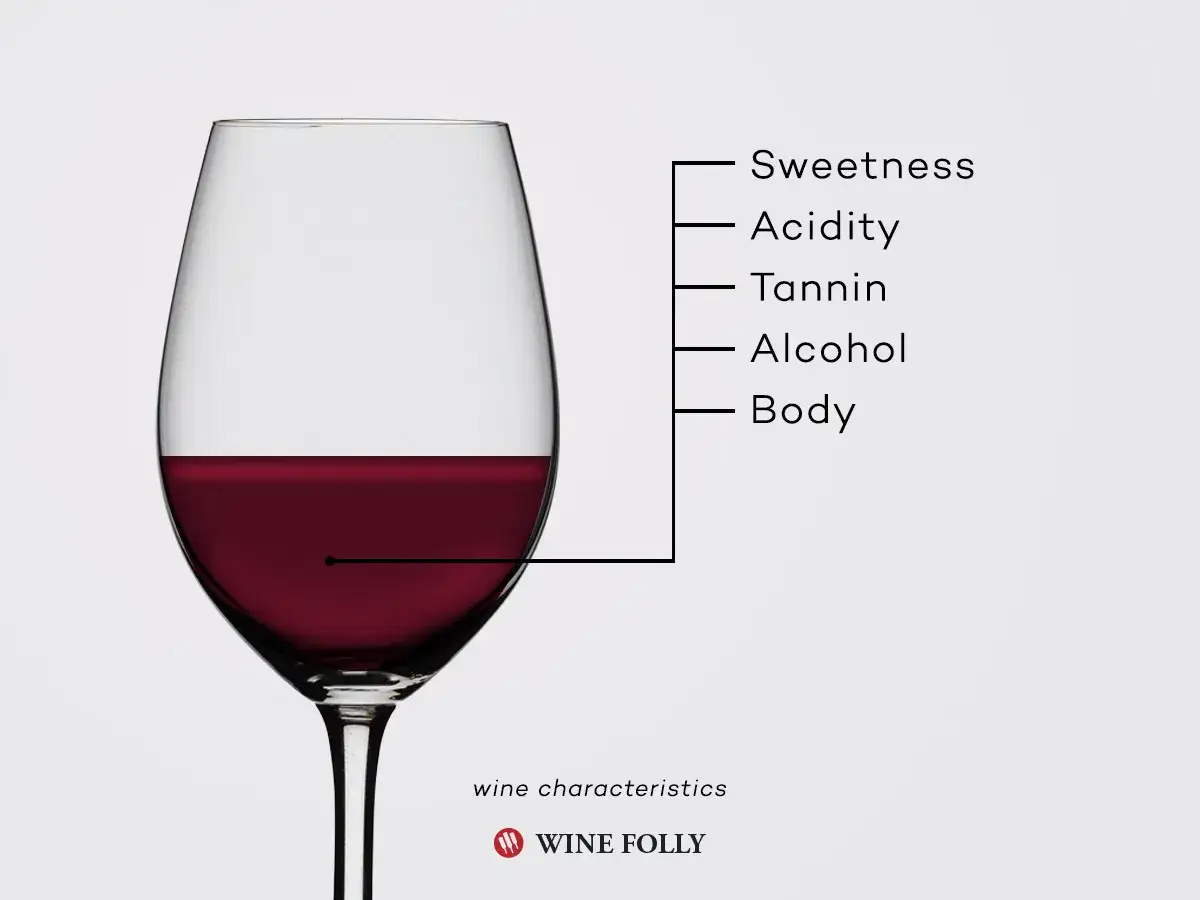 Verre de vin rouge, avec des indicateurs pour la douceur, l'acidité, le tanin, l'alcool et le corps.