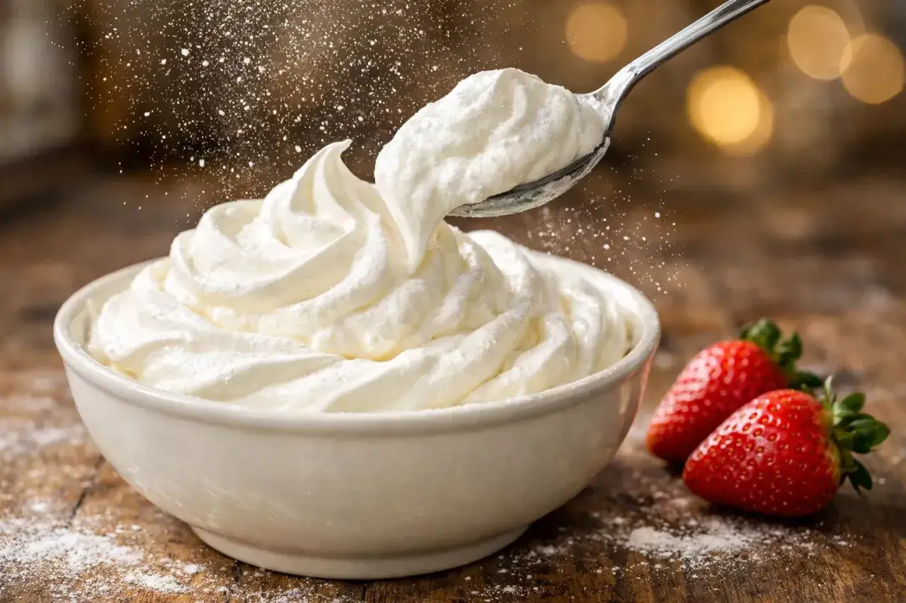 Une cuillère prélève une portion aérienne de chantilly maison, saupoudrée de sucre glace, à côté de fraises rouges.