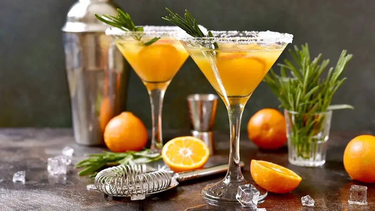 Deux verres de cocktail festif, ornés de romarin et de quartiers d'orange, prêts à être dégustés.