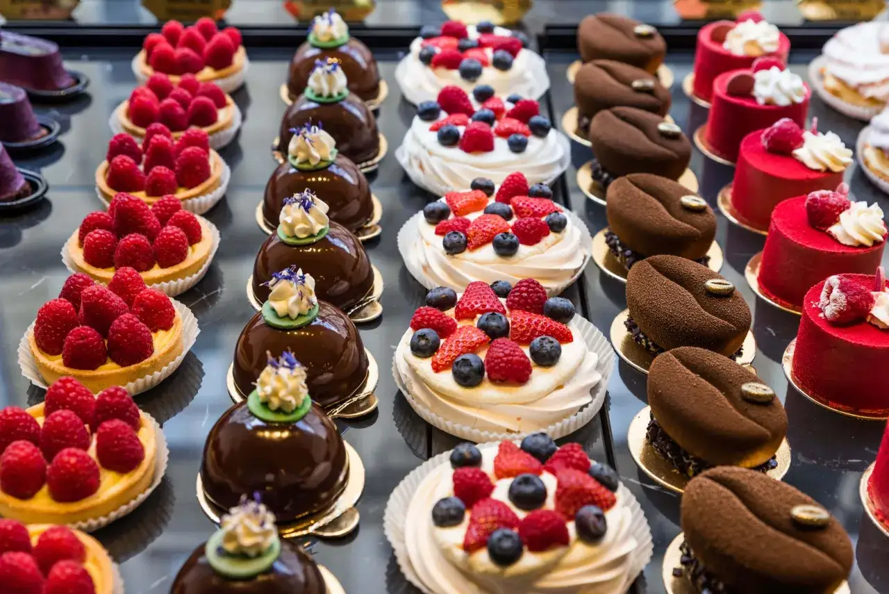 Un assortiment de pâtisseries fines pour un goûter parfait : tartelettes aux framboises, mousses au chocolat, pavlovas aux fruits rouges et petits gâteaux rouges vifs.