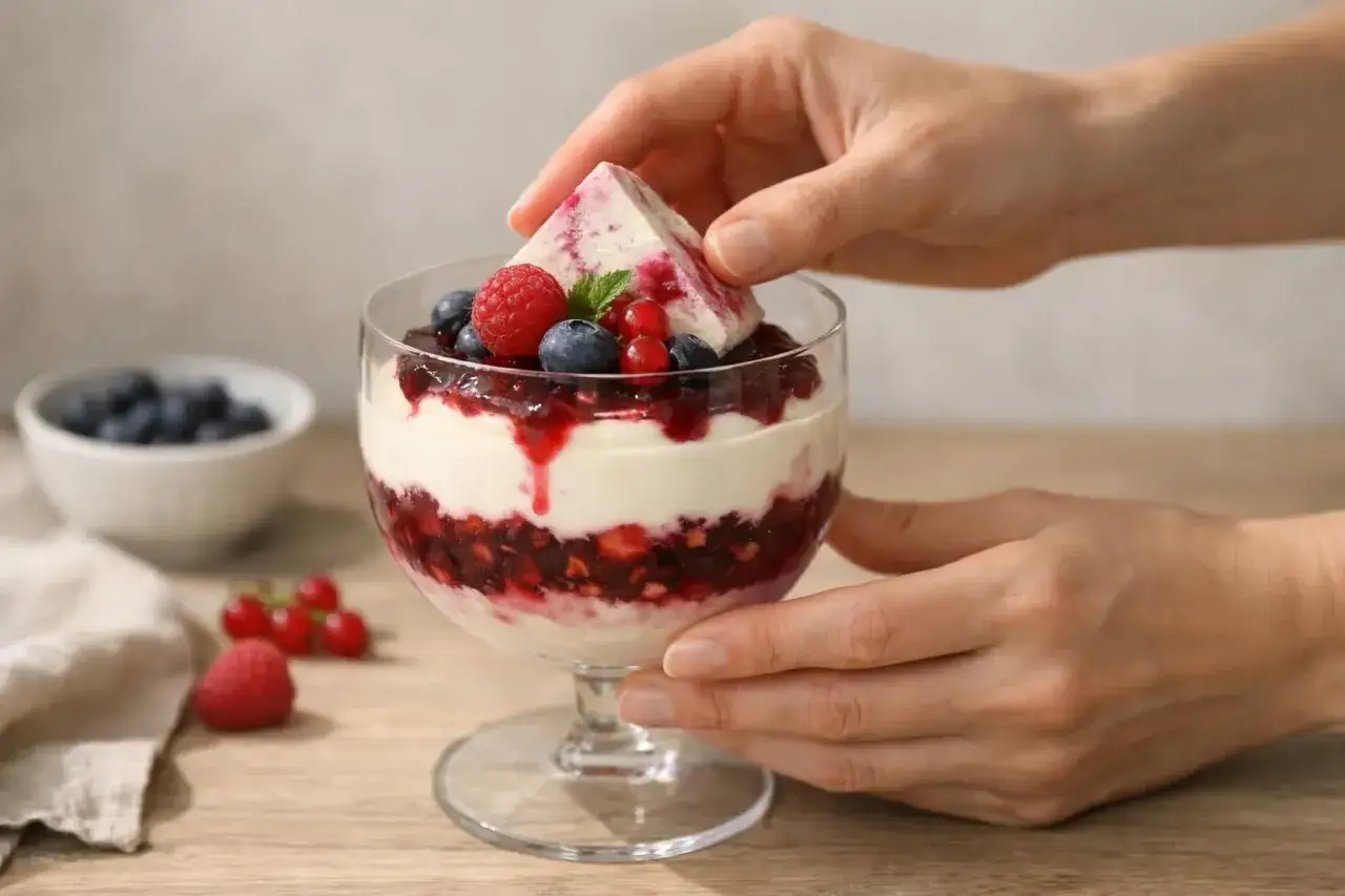 Un délice fruité : un dessert sans cuisson en coupe, garni de fruits rouges frais et d'une touche de menthe.