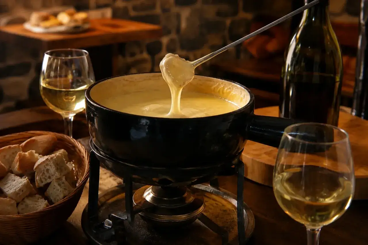 Une quantité généreuse de vin blanc accompagne une fondue savoyarde crémeuse, prête à être dégustée avec du pain croustillant.