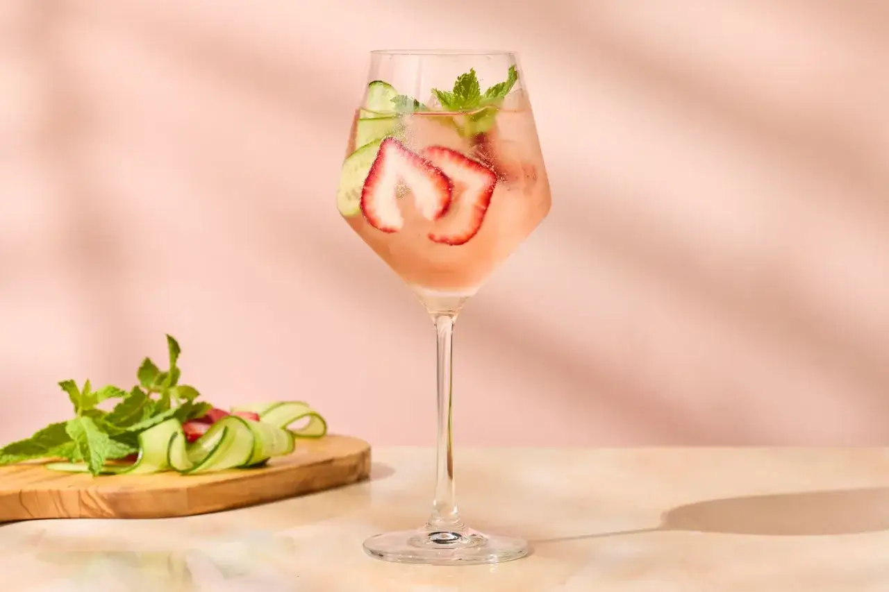 Un Sarti Spritz rose, garni de fraises et de concombre, avec de la menthe fraîche sur le côté.
