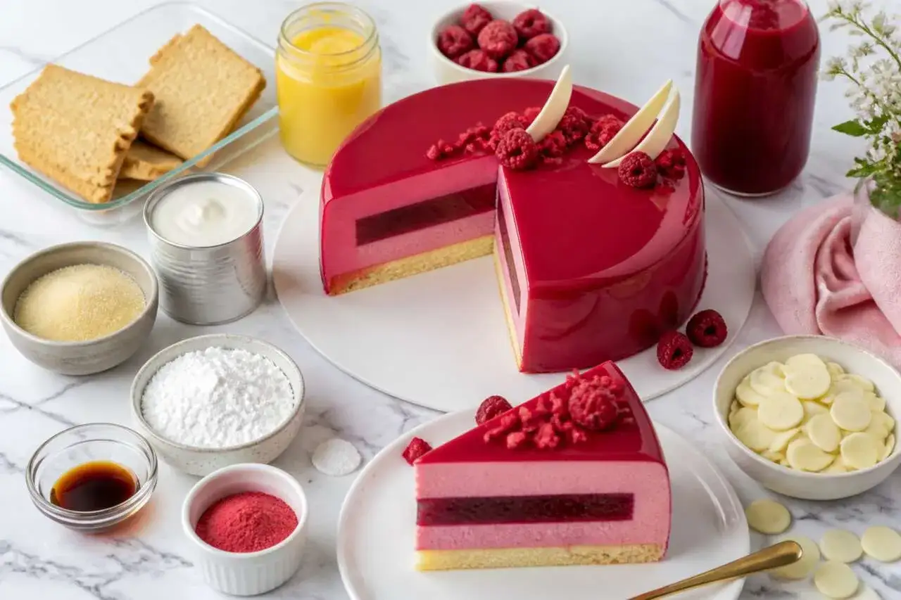 Un gâteau glacé à la ganache framboise, aux couches roses et rouges, décoré de fruits frais. Ingrédients de pâtisserie disposés autour.