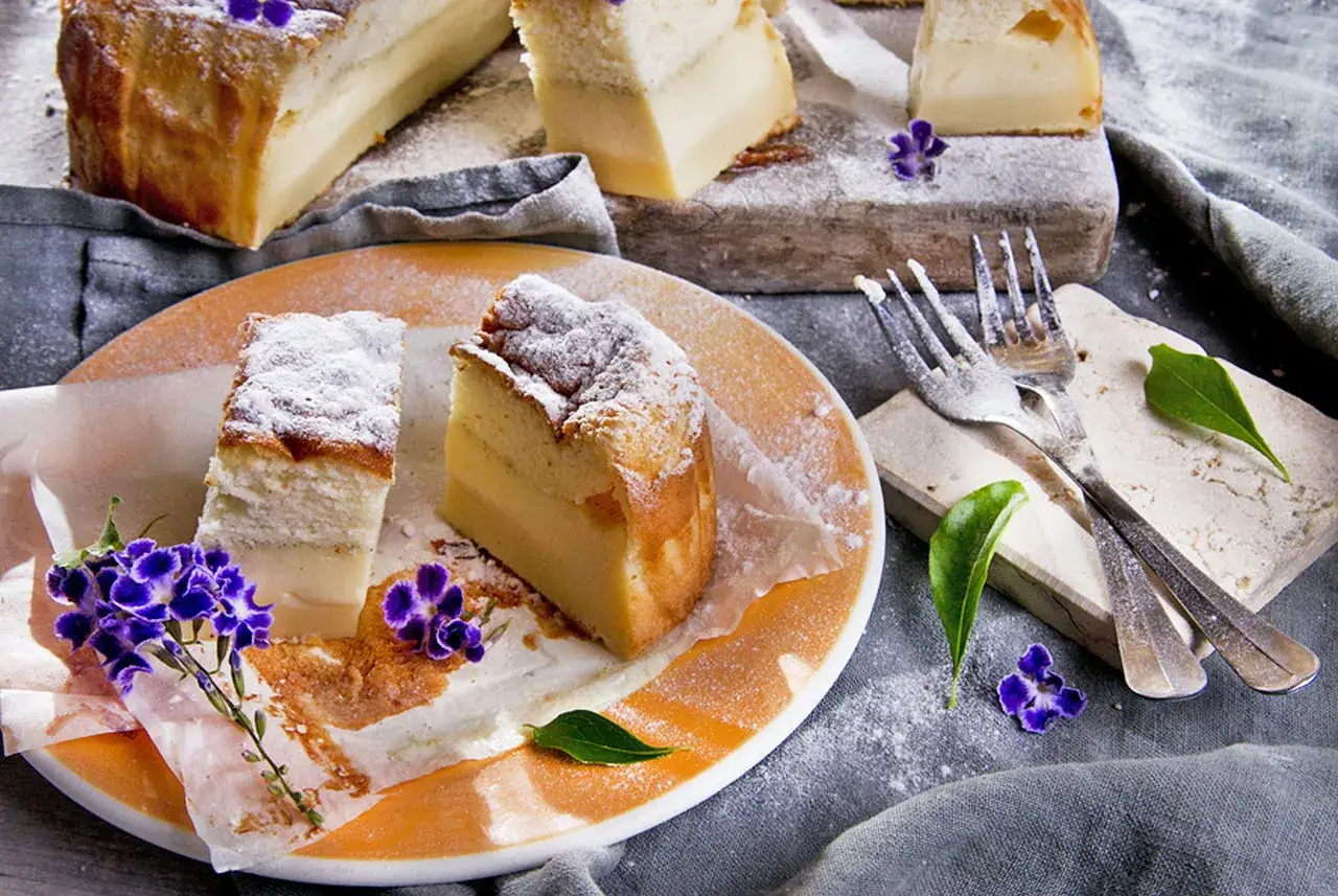 Tranches de gâteau magique, saupoudrées de sucre glace, ornées de fleurs violettes. Un délice visuel et gustatif.