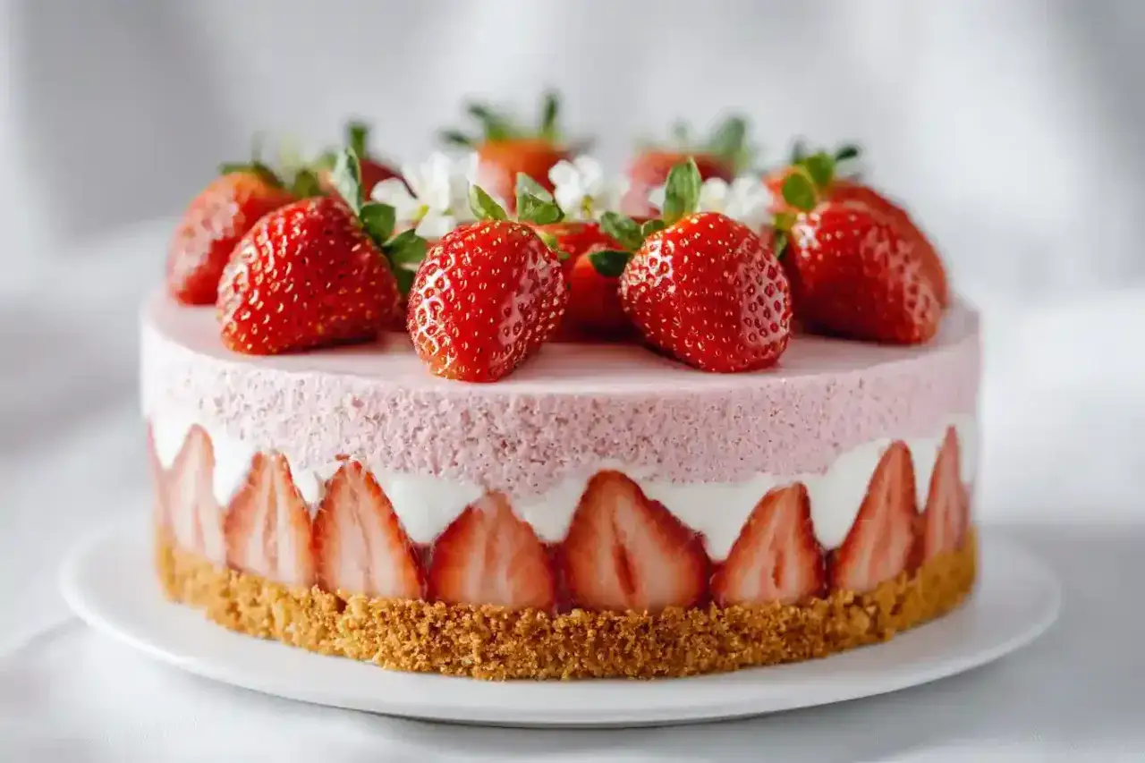 Gâteau fraisier, une merveille rose et blanche, décoré de fraises fraîches et de petites fleurs. Parfait pour des recettes fraisier réussies.