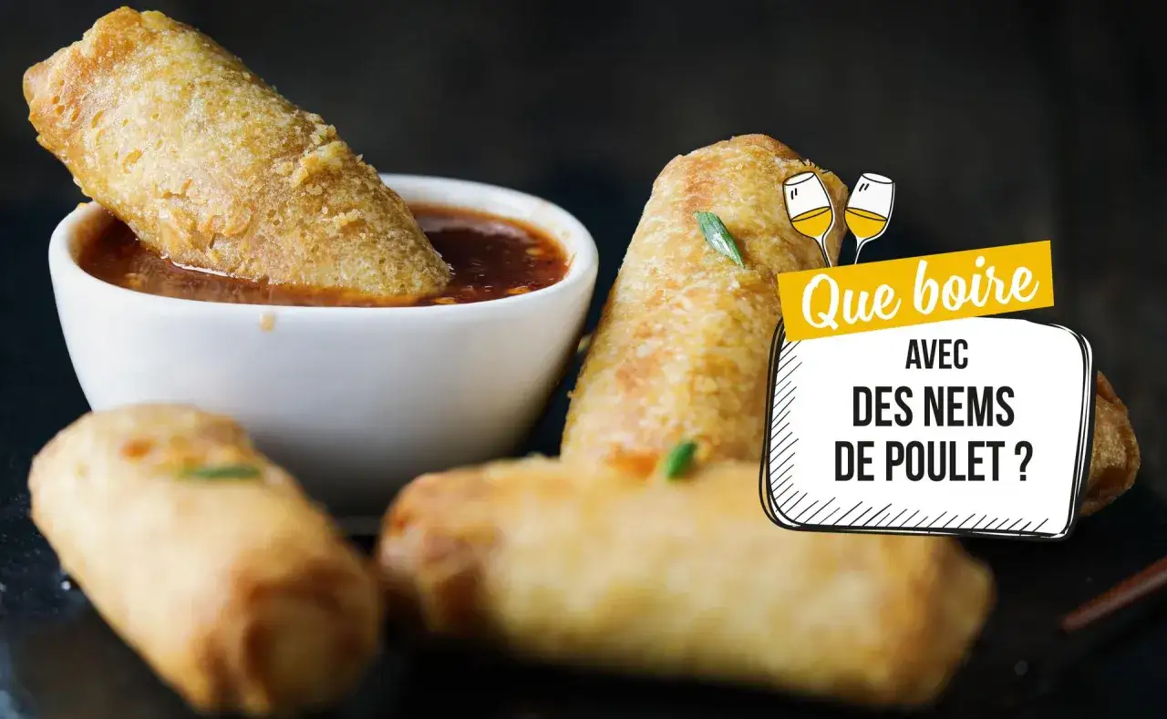 Nems de poulet croustillants trempés dans une sauce. La question se pose : quel vin avec des nems ?