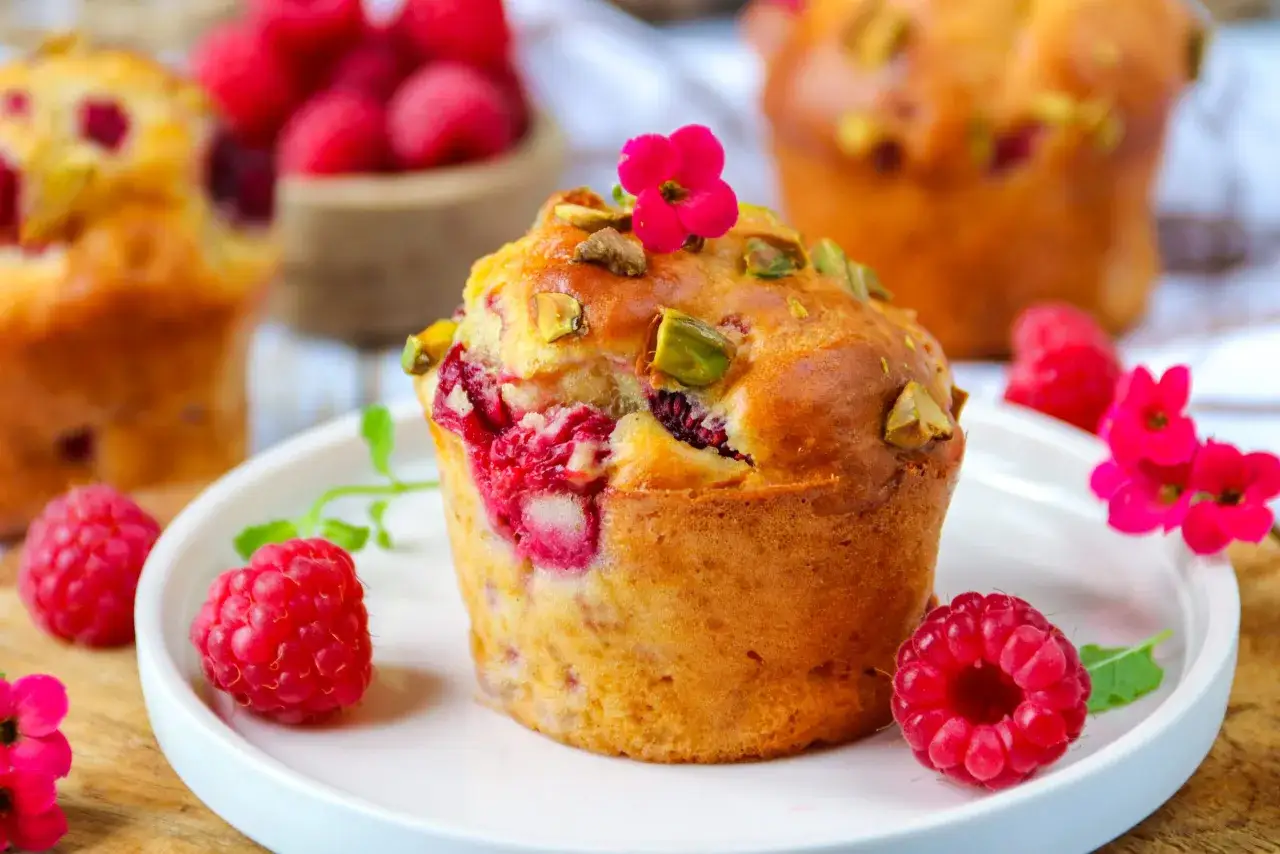 Un délicieux muffin framboise, garni de pistaches et d'une petite fleur rose, entouré de framboises fraîches.