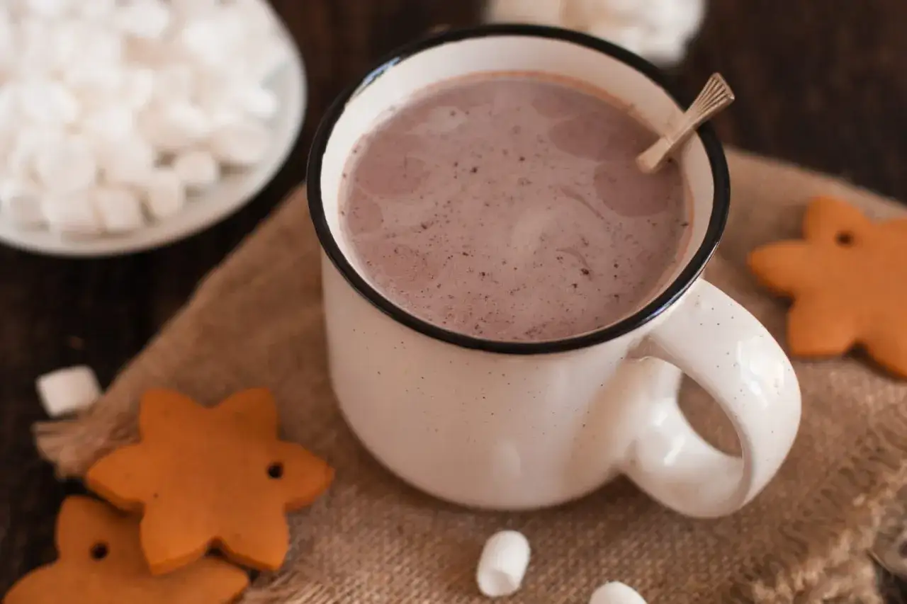 Un mug de chocolat chaud maison, parfait pour une recette réconfortante, accompagné de biscuits en pain d'épices et de marshmallows.