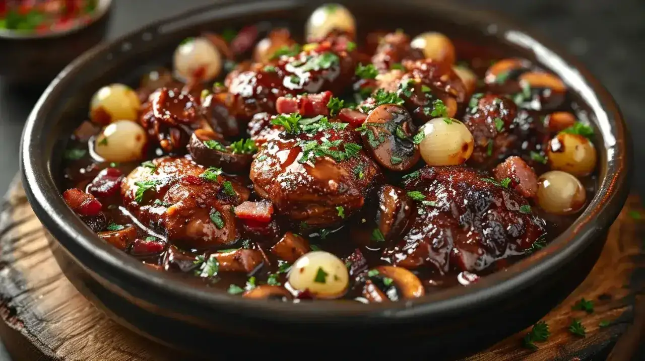 Un plat de coq au vin riche et savoureux, avec des morceaux de poulet tendres, des lardons, des champignons et des petits oignons. Quel vin pour un coq au vin ? Un Bourgogne rouge, bien sûr !
