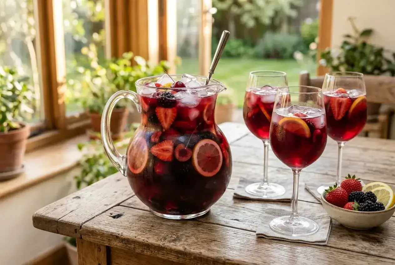 Pichet et verres remplis de sangria fruitée, avec des fraises, des citrons et des cerises. Le vin pour sangria est prêt à être dégusté.