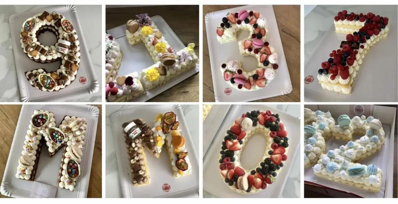 Gâteaux en forme de chiffres et lettres, décorés de fruits, chocolats et crème mascarpone vanille pour génoise.