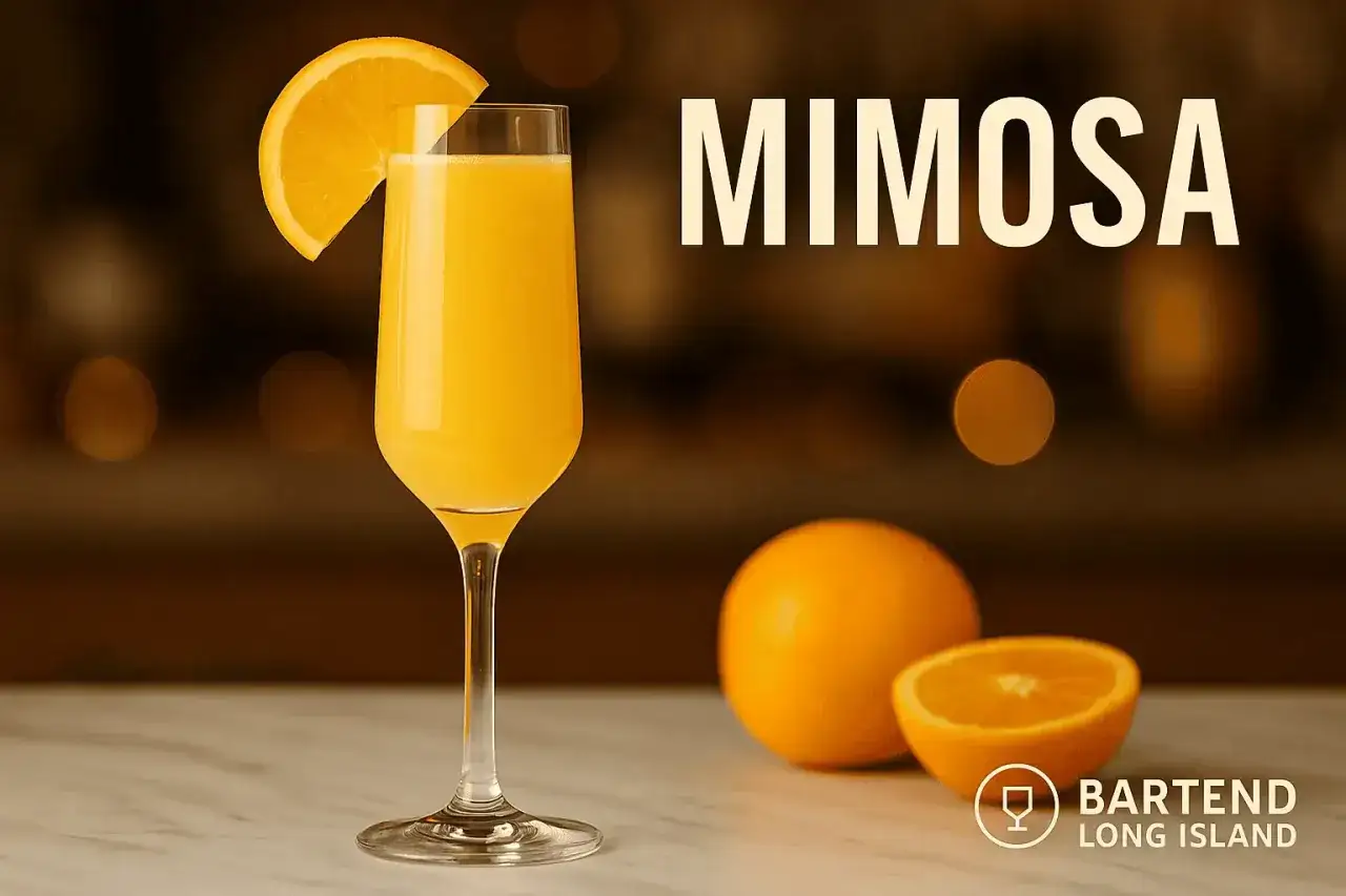 Un verre de mimosa pétillant, garni d'une tranche d'orange, à côté d'oranges fraîches. Parfait pour un brunch ensoleillé.