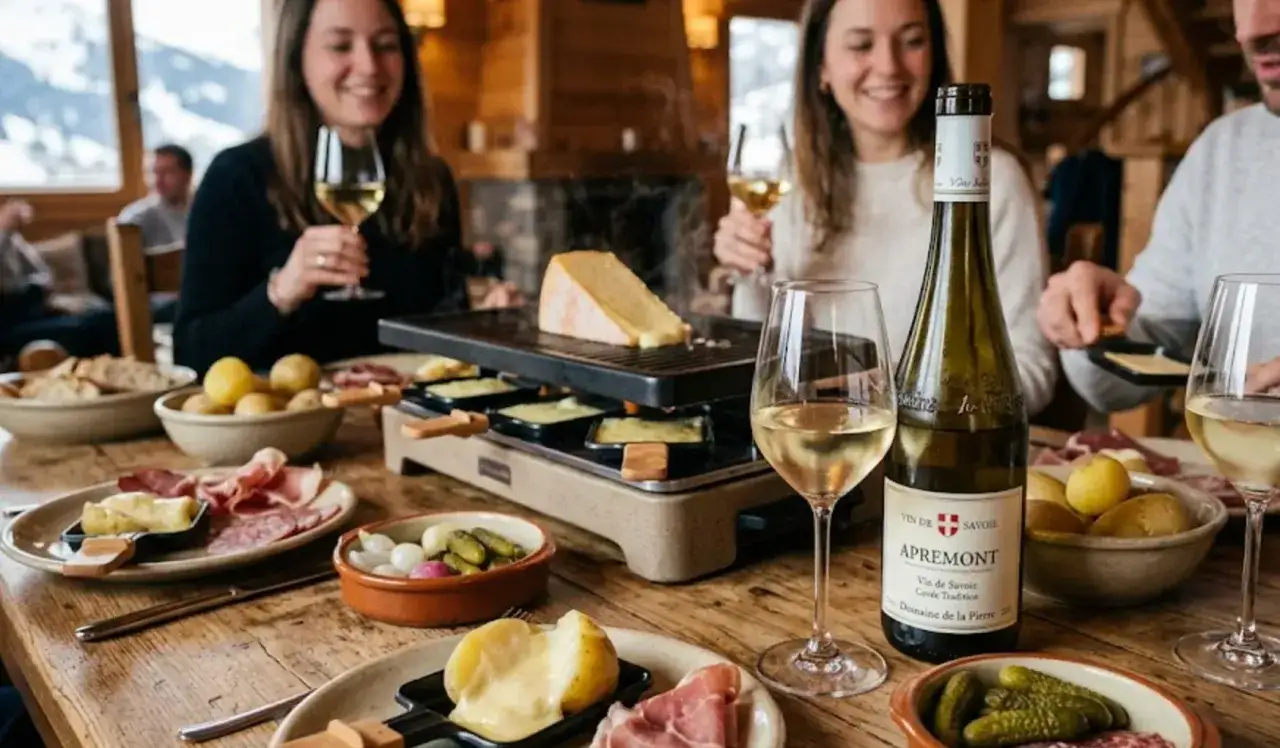 Un groupe d'amis savoure une raclette conviviale, accompagnée de pommes de terre, charcuterie et d'une bouteille de vin blanc, peut-être un Pouilly-Fumé, pour un moment parfait.